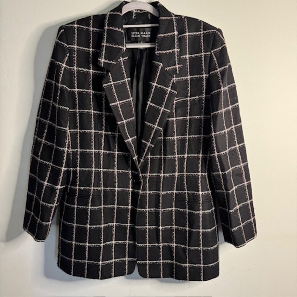Linda Allard Ellen Tracy Vintage y2k Black  Plaid Wool Blazer Size 14
